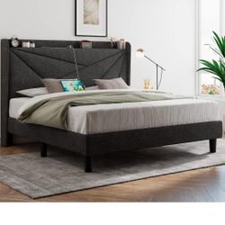 Feonase Queen Bed Frame with Type-C & USB Ports, Upholstered Platform Bed Frame with Wingback Storage Headboard, Solid Wood Slats Support, No Box Spri