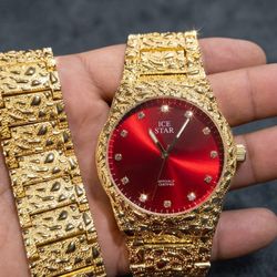 Ice Star Gold Nugget Watch And Bracelet Combo