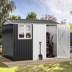 Y38（1.2）8' x 6' Outdoor Storage Shed, Waterproof Metal Garden Shed with Windows, Lockable Doors, and Sloped Roof for Patio, Backyard, Lawn, Tool Stora