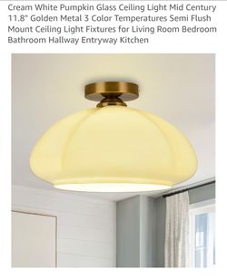 Cream White Pumpkin Glass Ceiling Light Mid Century 11.8" Golden Metal 3 Color Temperatures Semi Flush Mount Ceiling Light Fixtures for Living Room Be