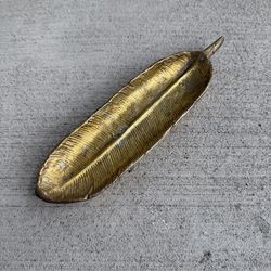 Vintage Gold Leaf Tray Trinket Dish Brass Feather Catchall Decor 9”
