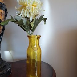 Yellow glass vase with flowers 8 in