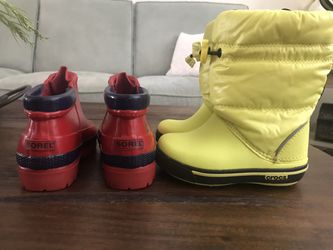2 pairs of toddler rain/snow boots SOREL/ CROCS
