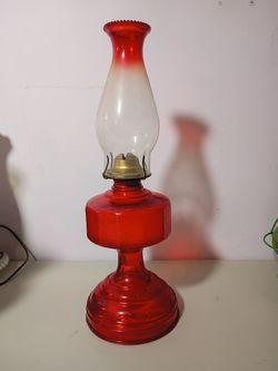 Vintage MCM Red Hurricane Glass Oil Lamp Lantern 