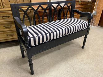 Black Farmhouse Arch Back Bench w/ Black & White Striped Cushion
