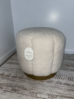 Galena Channel Tufted Shearling Brass Ottoman Cream - Threshold™: Round Pouf, Metal Base