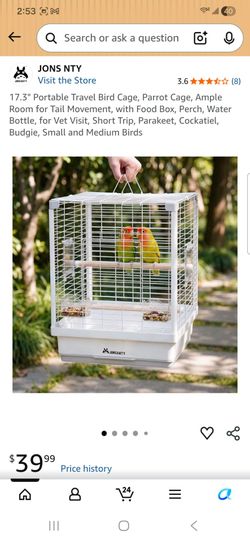17.3" Portable Travel Bird Cage, Parrot Cage, Ample Room for Tail Movement, with Food Box, Perch, Water Bottle, for Vet Visit, Short Trip, Parakeet, C