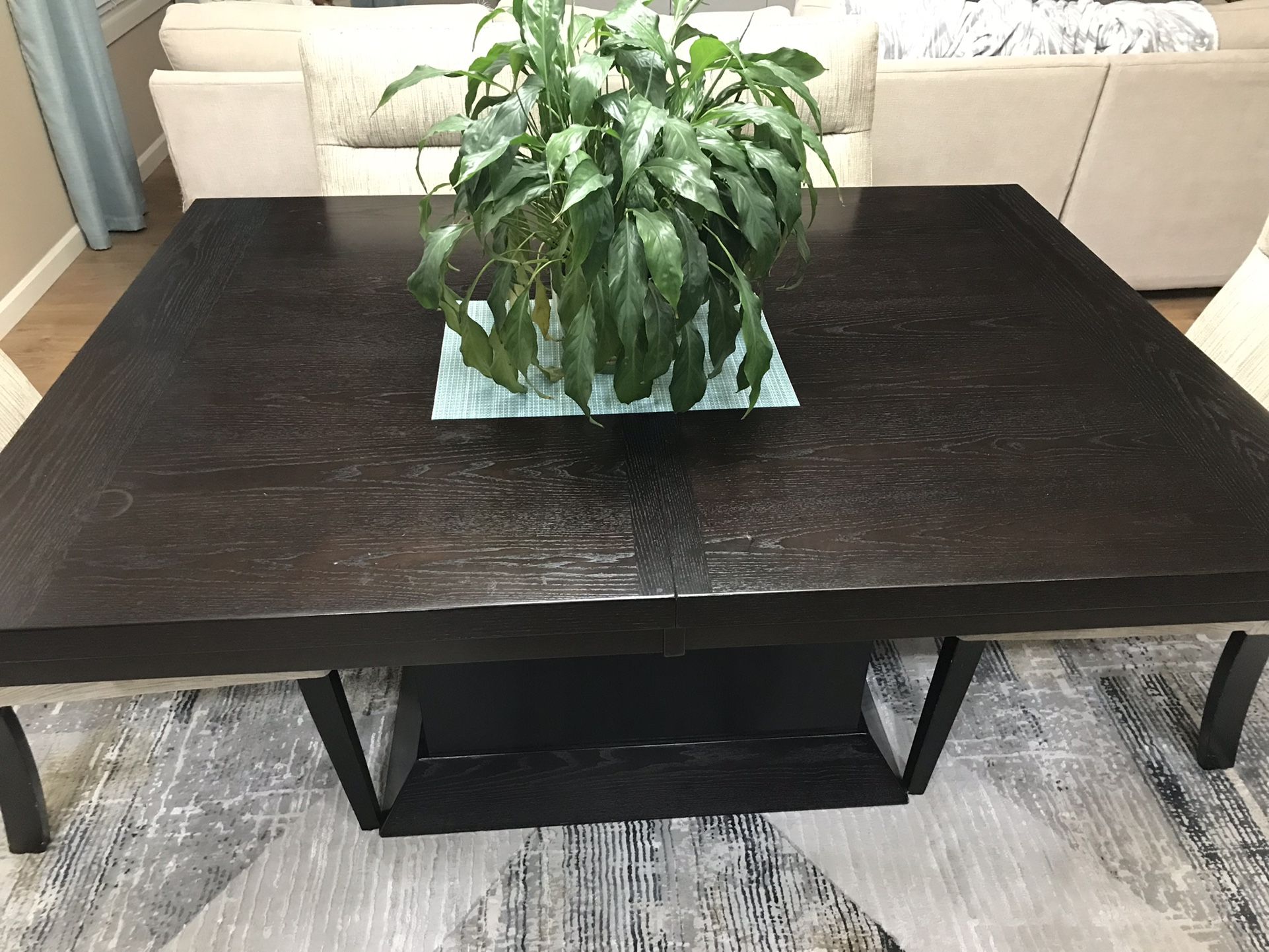 Dining table and six chairs.
