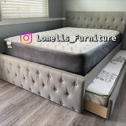 Full/Twin Gray Frenchi Tufted Trundle Beds W. Ortho Mattresses Included 