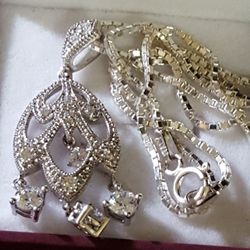 Vintage Necklace and Pendant 925 Italy  Sterling Silver, with CZ diamonds, 7.61grs size 17"inches length. Precious antique jewelry. Solid, please see 