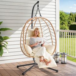 Hanging Egg Chair with Adjustable Footrest & Stand, Wicker Rattan Swing Hammock Chair with Cushion & Double Chains, 350LBS Capacity for Outdoor & Indo