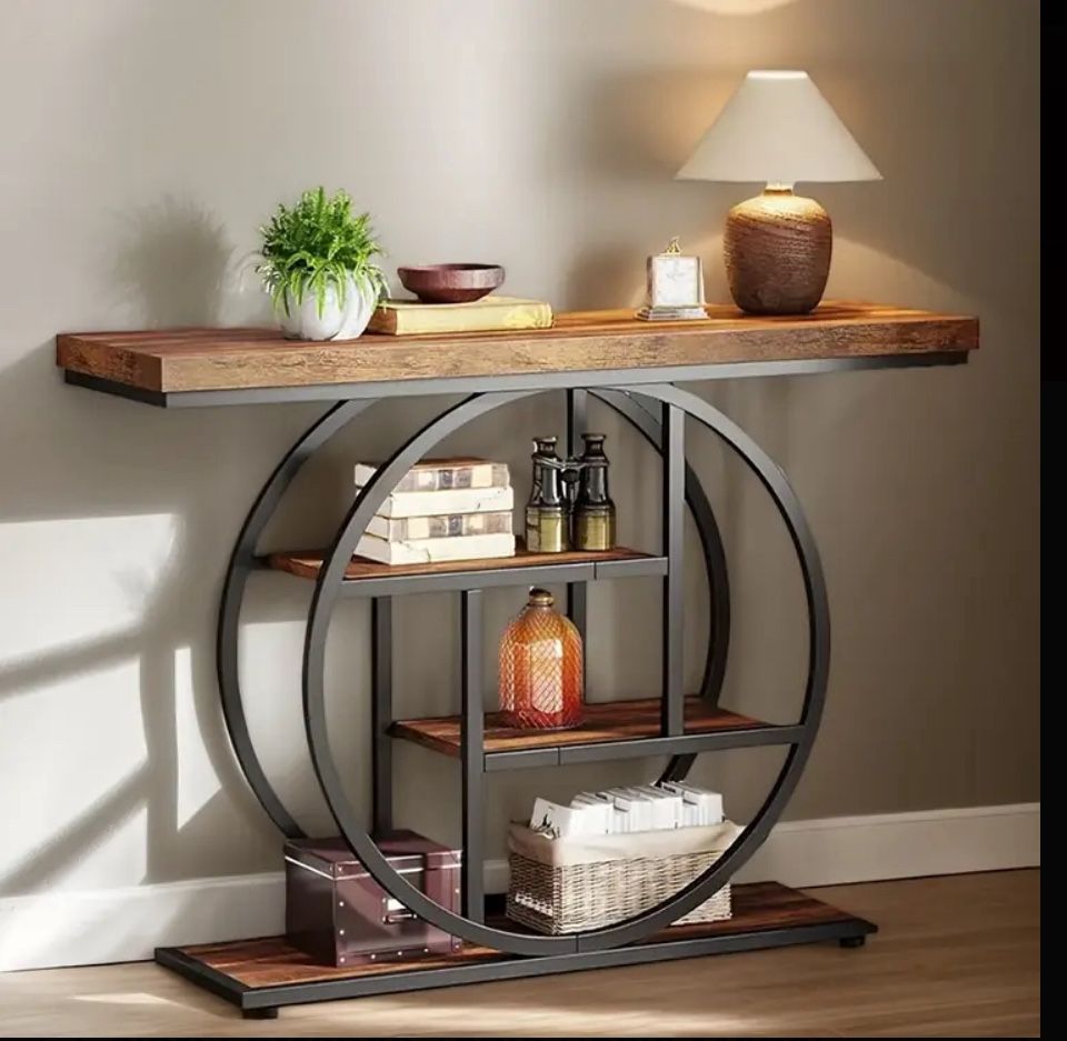 45.28" 4-Tier Industrial Console Table with Built-In LED Light Bar & US Outlet - Narrow Rustic Brown Engineered Wood & Metal Sofa Table, Storage Shelv