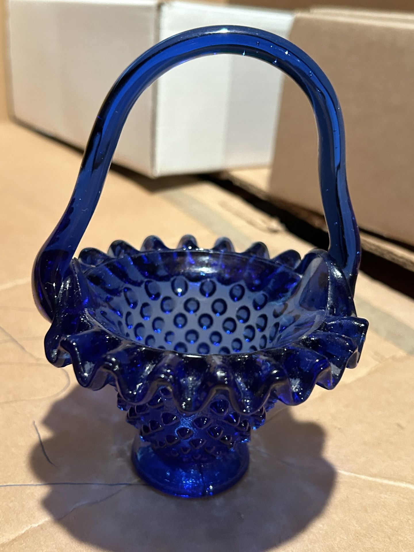 Vintage cobalt blue hobnail glass basket