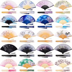 20 Pcs Floral Hand Fan Chinese Vintage Style Folding Fan Silk Handheld Fan Foldable Bamboo Framed Foldable Fan Fabric Silk Fans with Elegant Tassel De