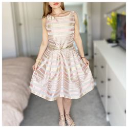 Vintage Prom Belted Striped A-Line Dress L/XL Size