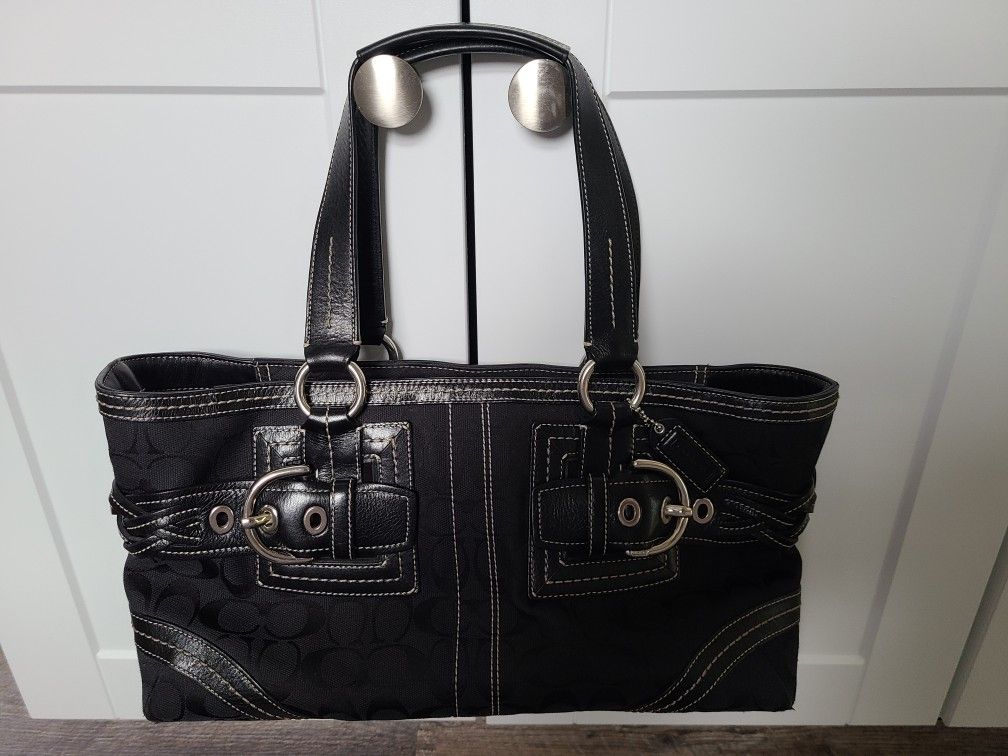 Coach Soho Signature Black Leather Soft Satchel Tote 