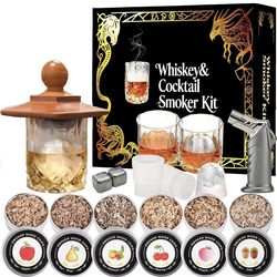 Whiskey Smoker Kit with Torch- 6 Flavors Wood Chips, 2 Whisky Glass Sets- Bourbon Cocktail Smoker Kit, (NO Butane)