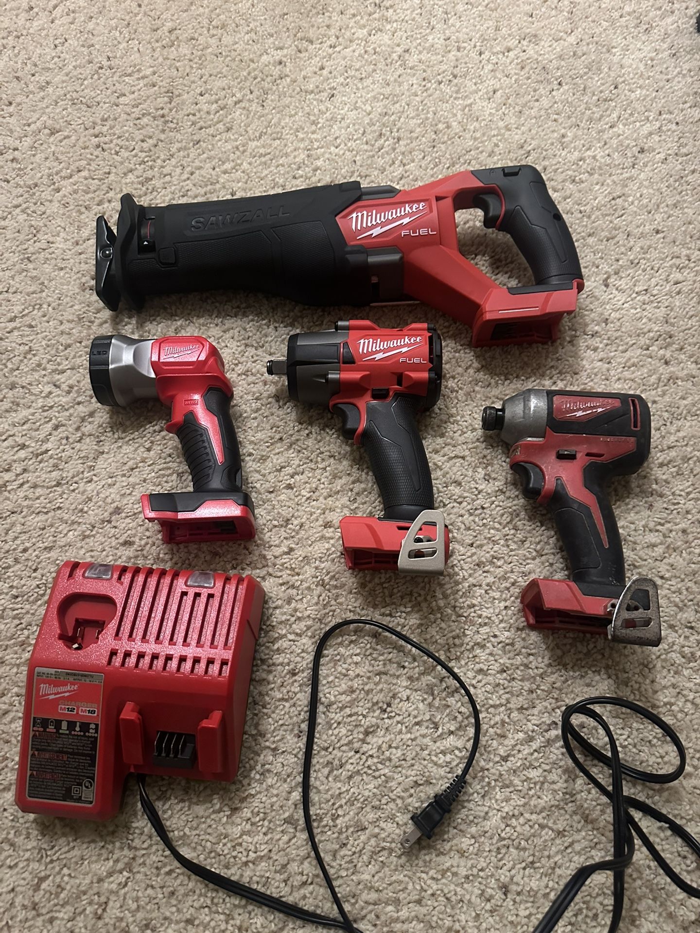 Milwaukee M18 FUEL Cordless Tool Set — Brushless SAWZALL, Impact Wrench, Driver, Work Light & Charger (Tool-Only)