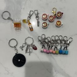 Key chains boba, coffee, nurse, beer, barbell, corona