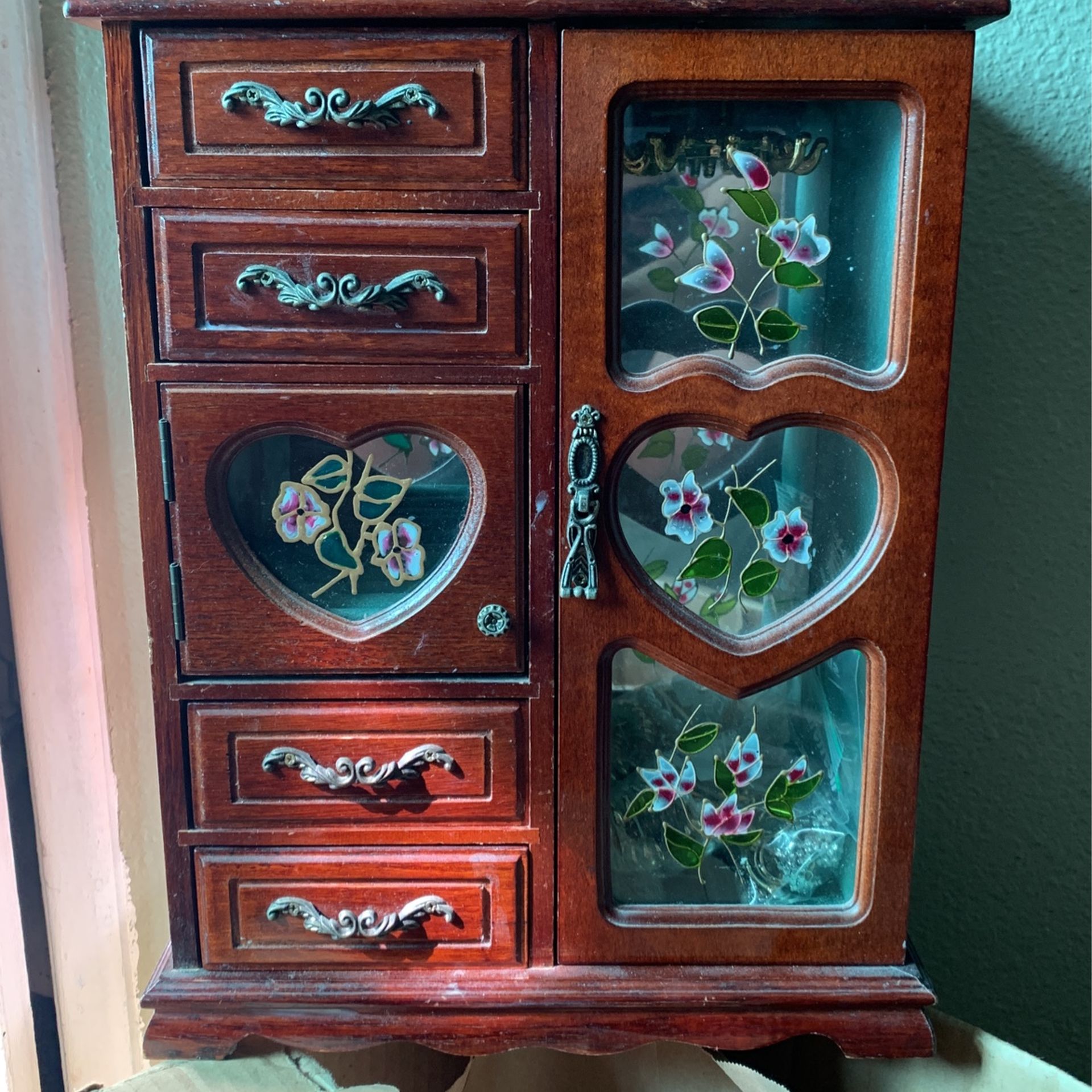 Vintage Wooden Jewelry Cabinet Holder Mirror