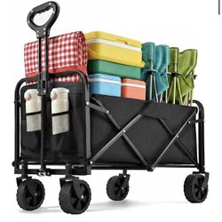 Collapsible Wagon 220 lbs, Heavy Duty Wagon Carts Foldable, Portable Wagons for Groceries, Beach Cart with All-Terrain Wheels & Drink Holders, Utility