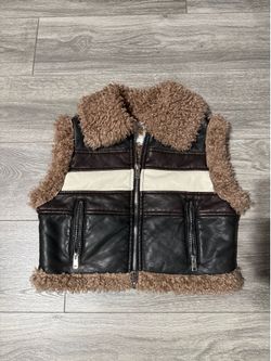 CALI 1850 Faux Leather Sherpa Lined Full Zip Vest Brown/Black/Cream M