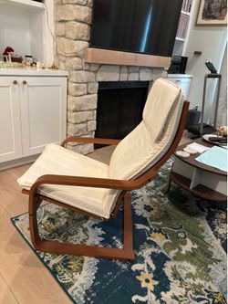 IKEA POÄNG Chair & Ottoman, Bentwood Frame, Cream Cushions