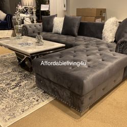 Grey Tufted Velvet Sectional Brand New In Box