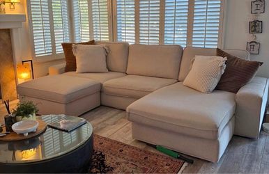 Beige U-Shaped Sectional Sofa with Chaise and Ottoman