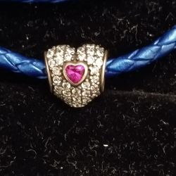 Pandora 925 Sterling Silver Blue Leather Necklace / Bracelet W/ Charm