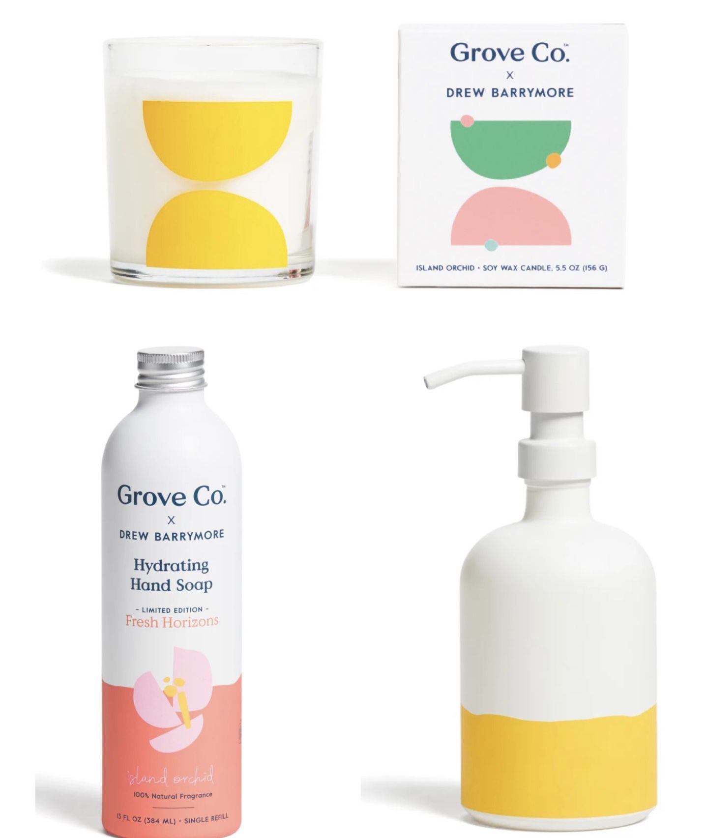 Grove Collaborative x Drew Barrymore-Island Orchid Candle, Hand Soap, and Glass Hand Soap Dispenser Bundle
