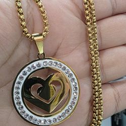 Double heart stainless necklace 14k, with stones