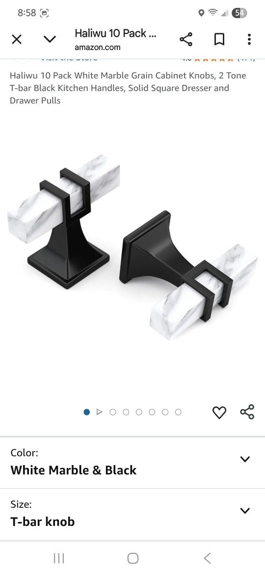 Haliwu 10 Pack White Marble Grain Cabinet Knobs, 2 Tone T-bar Black Kitchen Handles, Solid Square Dresser and Drawer Pulls