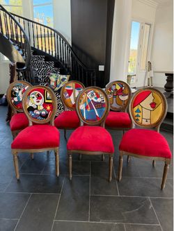 Beautiful Picasso dinner chairs, custom fabric