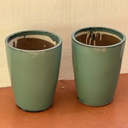 Pair Of Ceramic Planters / Ceramic Glazed Pots Olive Green 14” Tall 10” Top