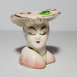 Lady Head Vase Mini 3.5" Pink Hat Flowers