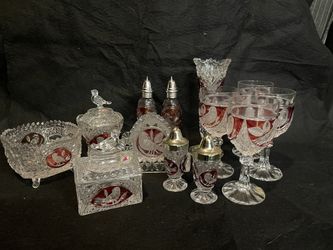 Bohemian Czech Ruby Cut to Clear Crystal Glassware Set — 15 Pieces
