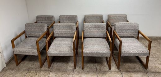Set of 8 Mid-Century Modern Wood Armchairs with Textured Grey Fabric