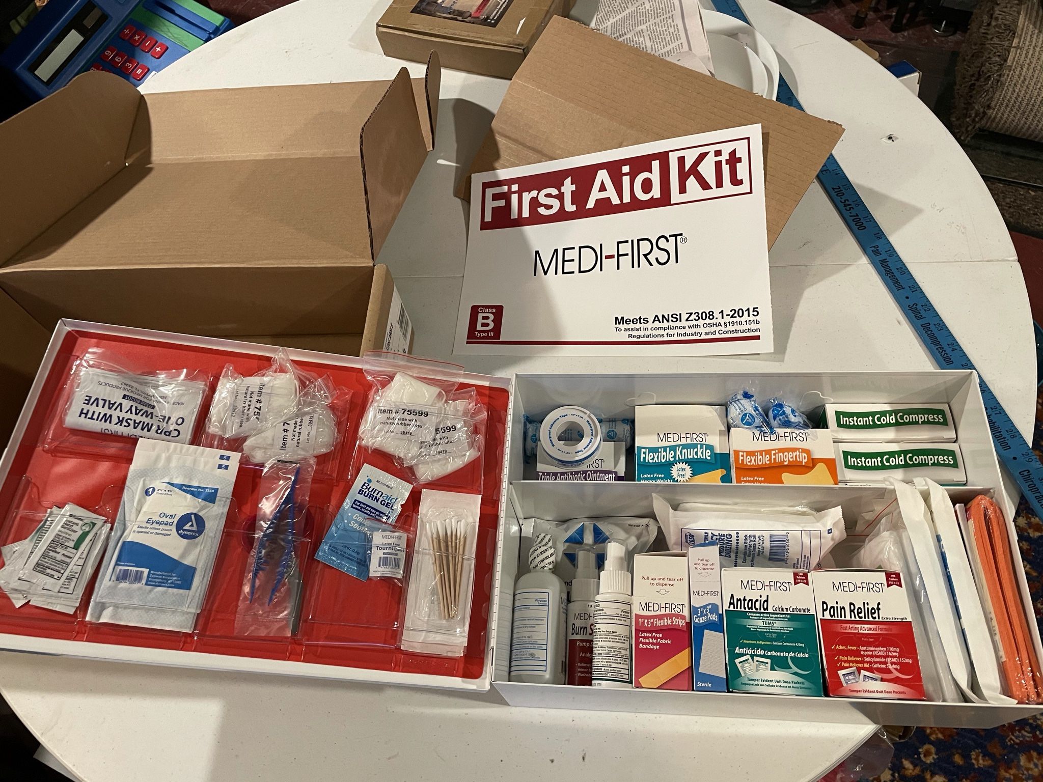 ** NEW ** Fully Stocked Metal First Aid Kit; Wall Mountable, 2 Shelves Fully Stocked First Aid Kit 12" X 18" X 5-1/2" Price Is Firm (Sells For $120)