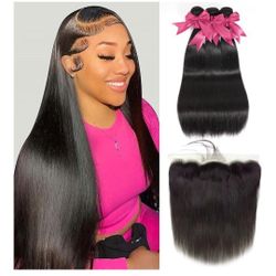 12A Straight Bundles with Frontal Human Hair 20 22 24 with 18 Inch Brazilian Human Hair Bundles with Closure 100% Unprocessed Virgin Hair Weave Bundle