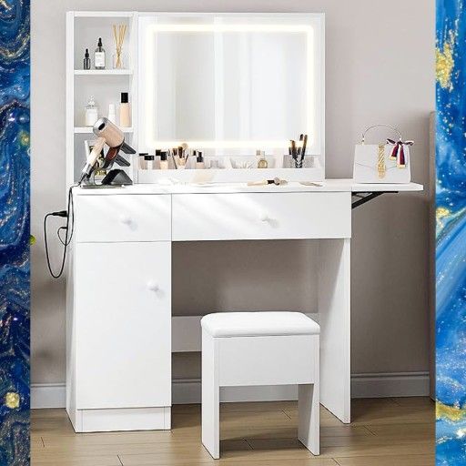 White 53" Vanity Makeup Desk With LED Mirror, Charging Station And Vanity Stool. New, in box.