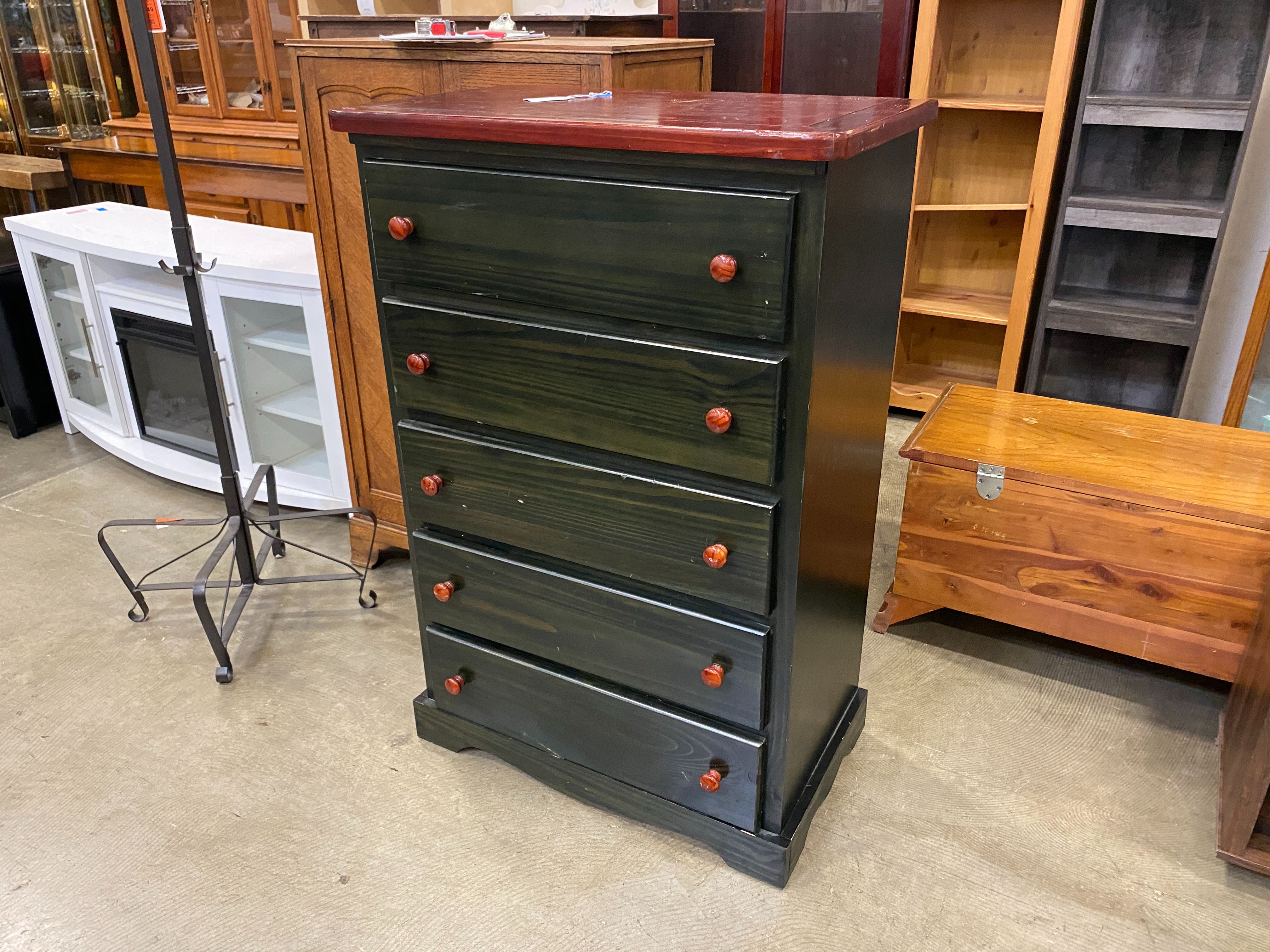 Red and Black Stained Classic 5 Drawer Dresser