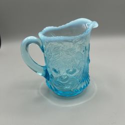 Beautiful L.G. Wright blue opalescent "Wreathed Cherry" pattern glass creamer/pitcher