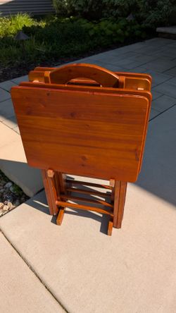 Vintage Solid Wood TV Tray Set (4 Tables + Matching Stand) – Clean Condition