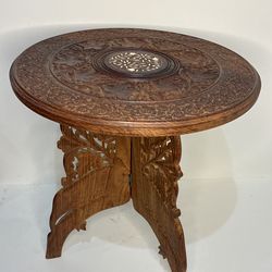 Vintage Carved Wood Folding Side Table