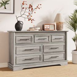 Winston Porter 7 Drawer 53.5" W Double Dresser, Dressers For Bedroom, Wide Chest Of Drawers With Metal Handles Gray