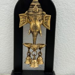 Lord Ganesha Brass Statue | Woodden Frame | Oil wells and Bells | Large - 30.5cm / 12 inch