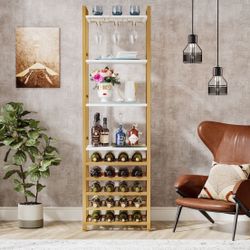 20x1 = 20 Bottles Freestanding Floor Wine Rack, 9 Tier Floor Liquor Cabinet with Glass Holder and Storage Shelves