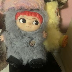 Labubu Inspired Plush Monster - Grey Fur with Red Hair & Hat
