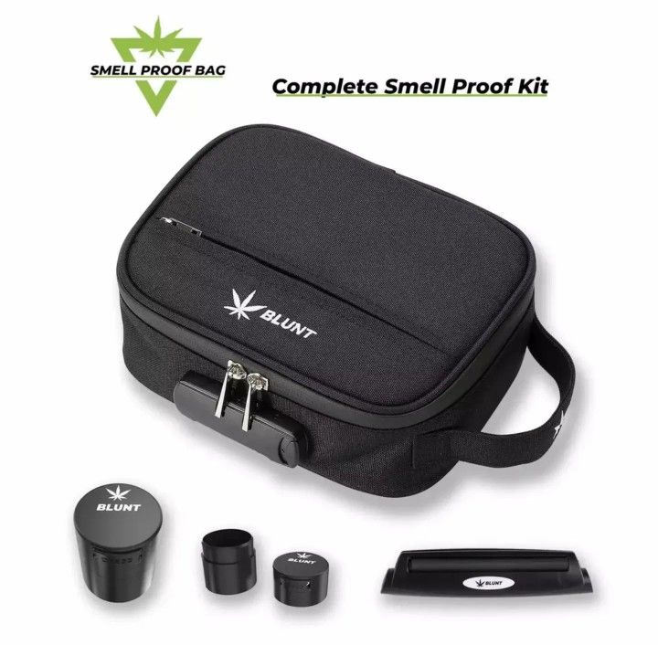 Smell Proof Bag with Two Stash Container and Rolling Machine - Air and Water Resistant Smoking Accessories Air Lock Box, Grinder and Herb with Combina